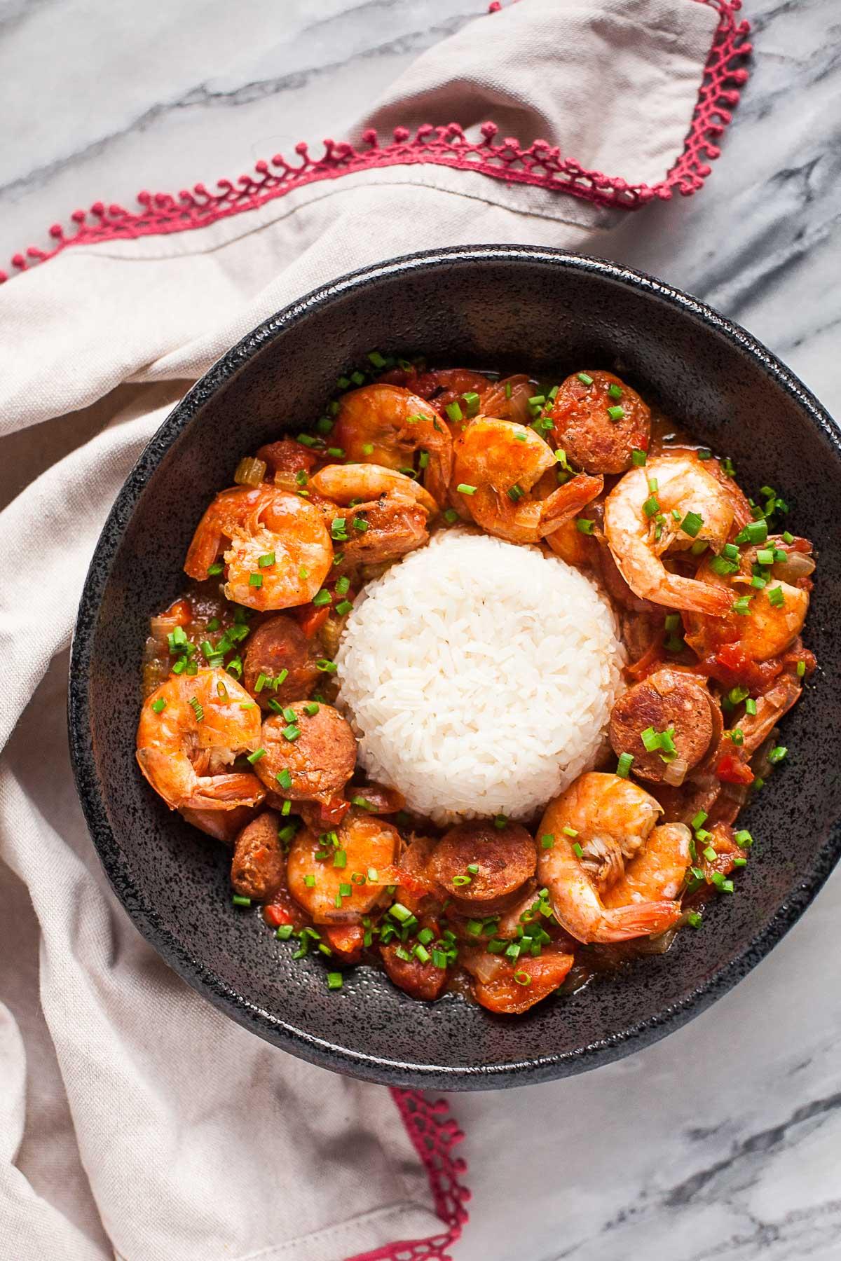 Spicy shrimp stew with andouille sausage in an Instant Pot