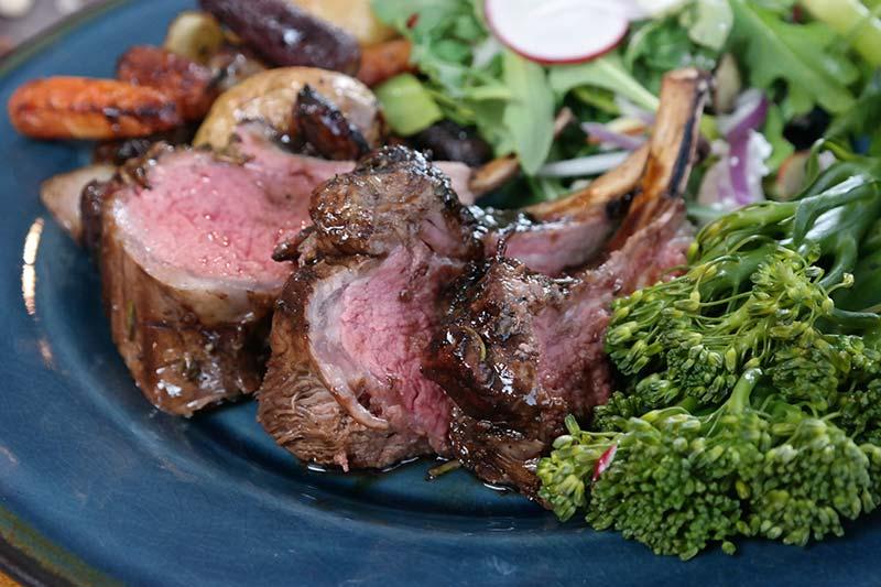 Rack of Easter lamb with balsamic glaze, roasted vegetables