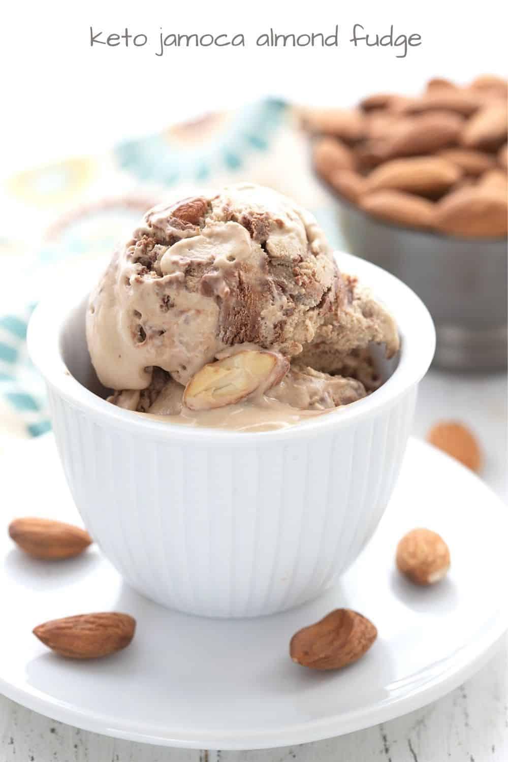 Close up of a bowl of dairy-free mocha almond fudge ice cream