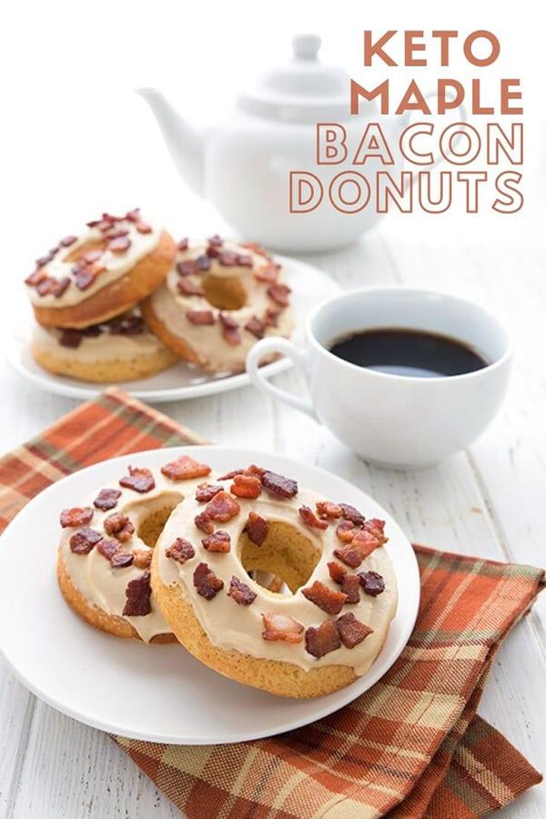 A plate of maple bacon donuts with a cup of coffee