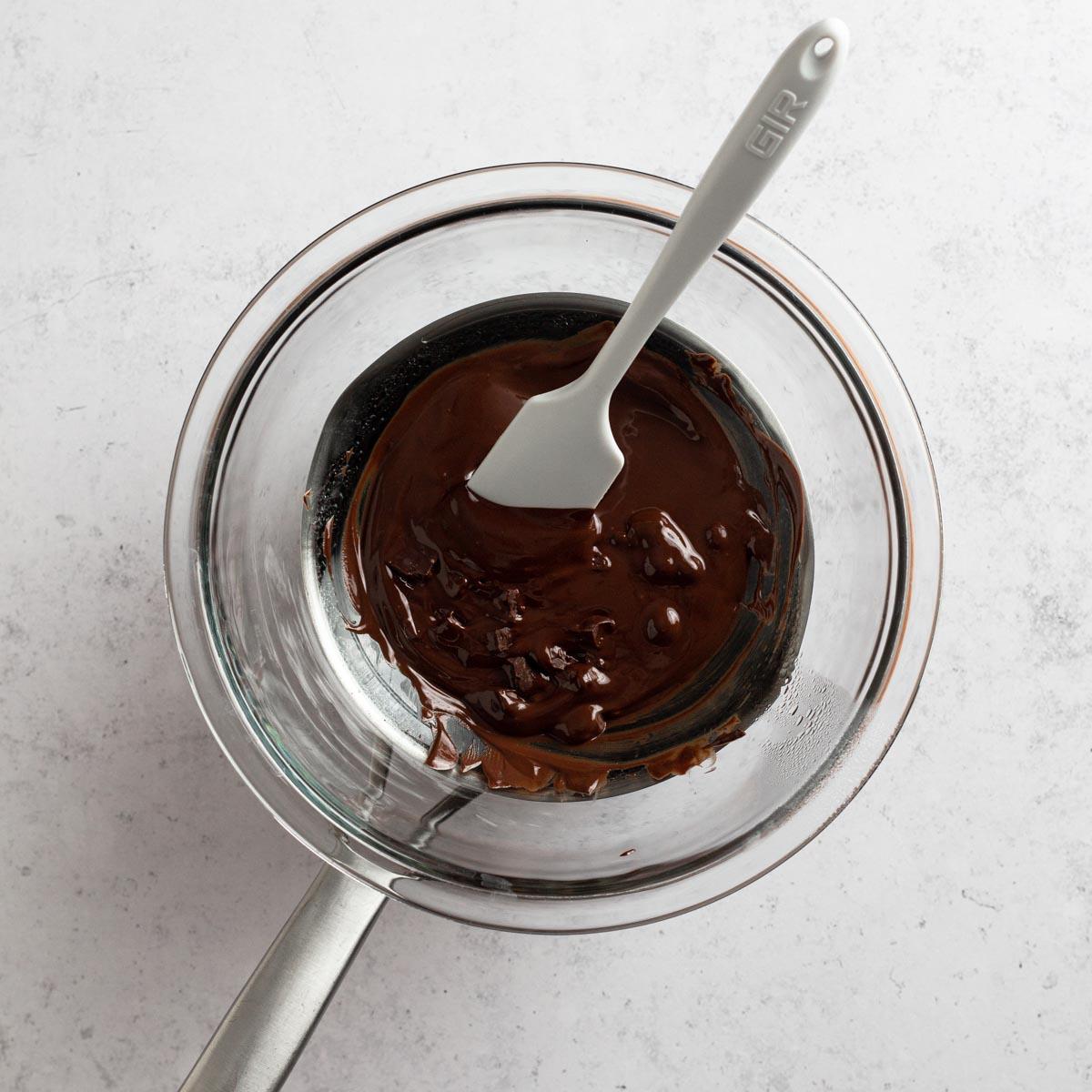 Close-up of melting chocolate chips in a double boiler