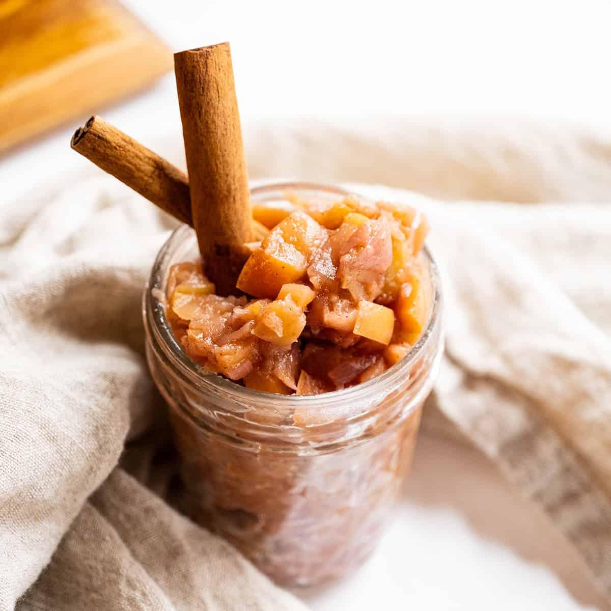 Close-up shot of a spoonful of parsnip and apple chutney