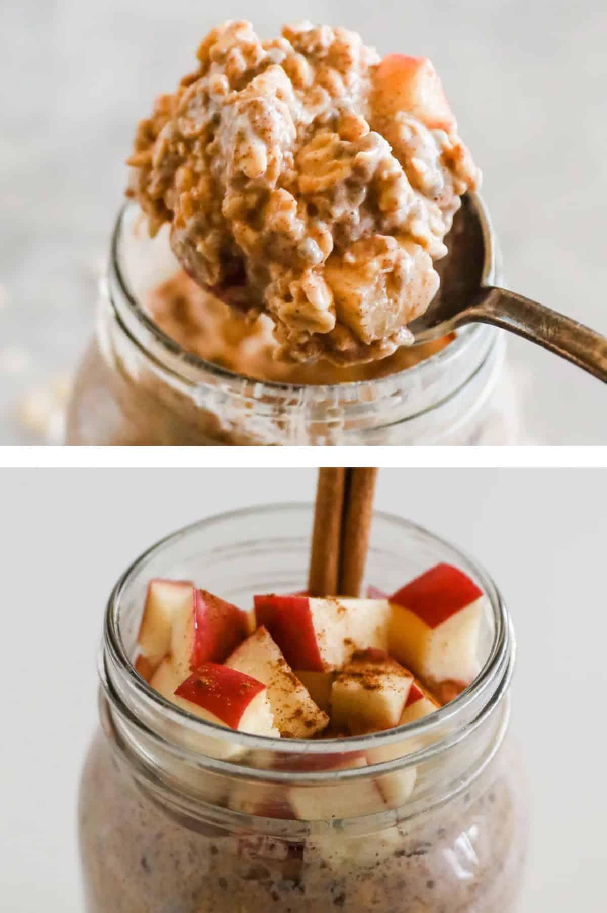 close up shot of apple cinnamon overnight oats with toppings