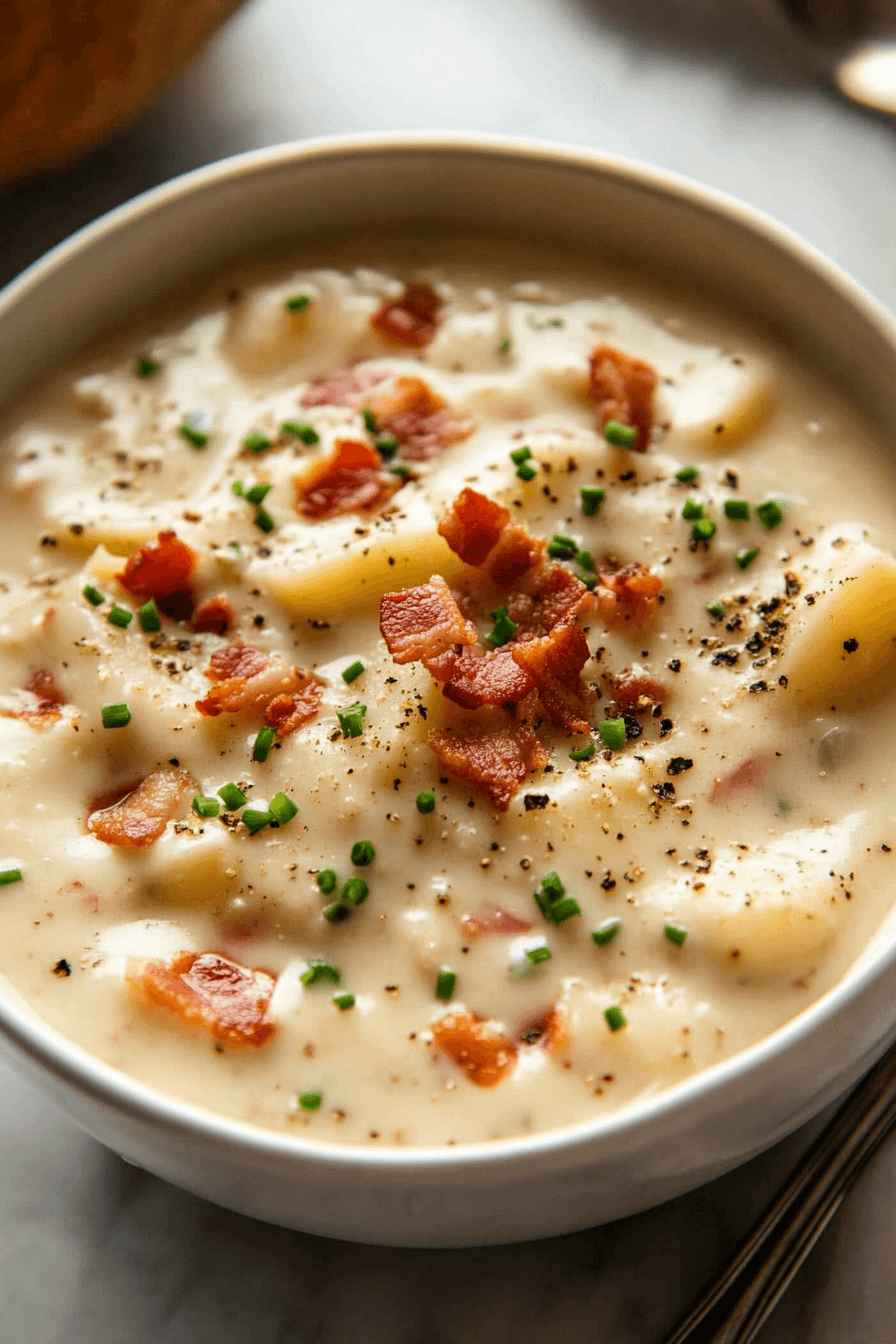 A group of friends enjoying a meal together, with a bowl of creamy potato and bacon soup in the center