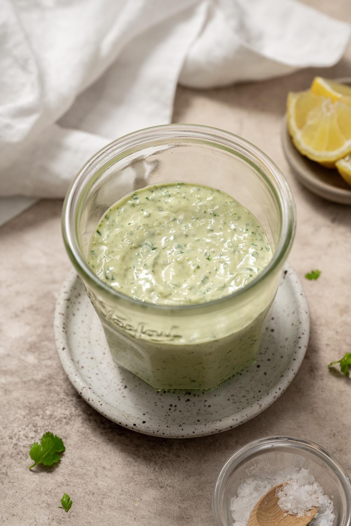 Close-up shot of the lemon-herb dressing