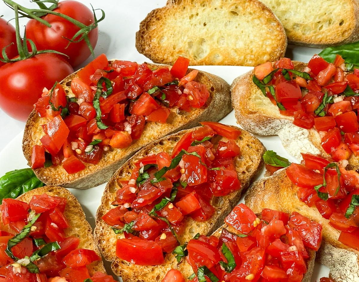 close up shot of barley and tomato bruschetta