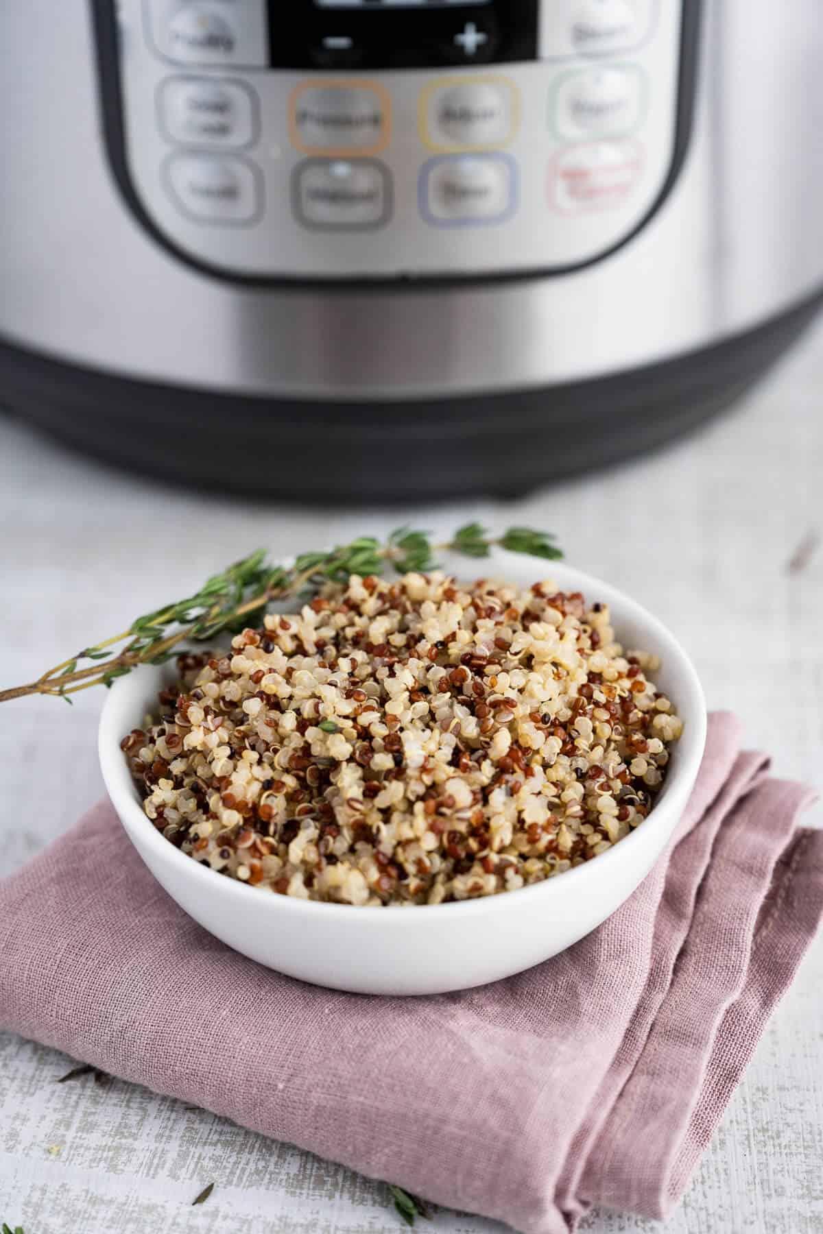 A close-up shot showcasing the texture and colors of the Instant Pot Quinoa and Black Bean Rice.