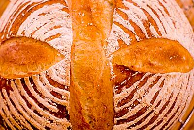 Close up of perfectly risen sourdough bread in a banneton basket