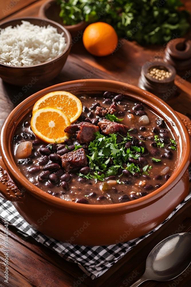 A steaming pot of Brazilian feijoada with various garnishes on a rustic wooden table