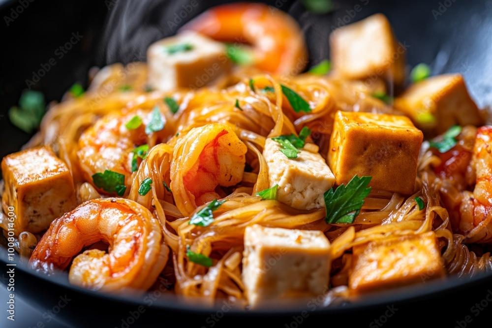 Close-up shot of a wok with Pad Thai ingredients being stir-fried