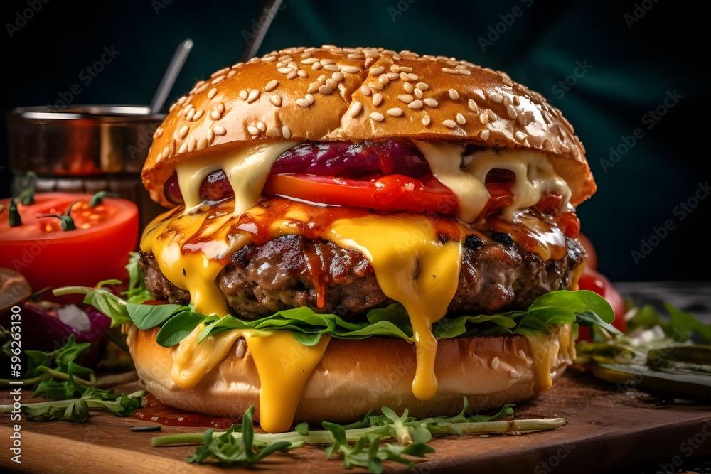Close-up of a juicy Capella Burger with melted cheese