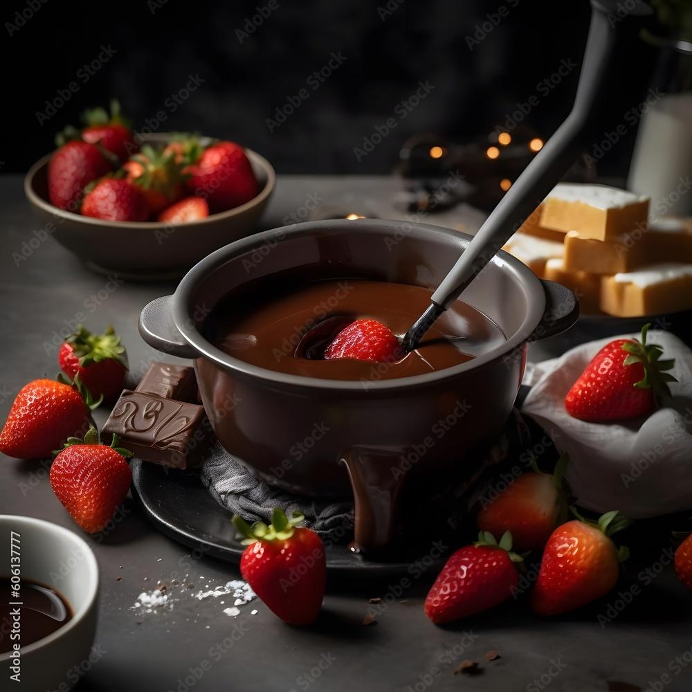 A close-up shot of a chocolate fondue pot with strawberries dipped halfway, steam rising gently from the chocolate
