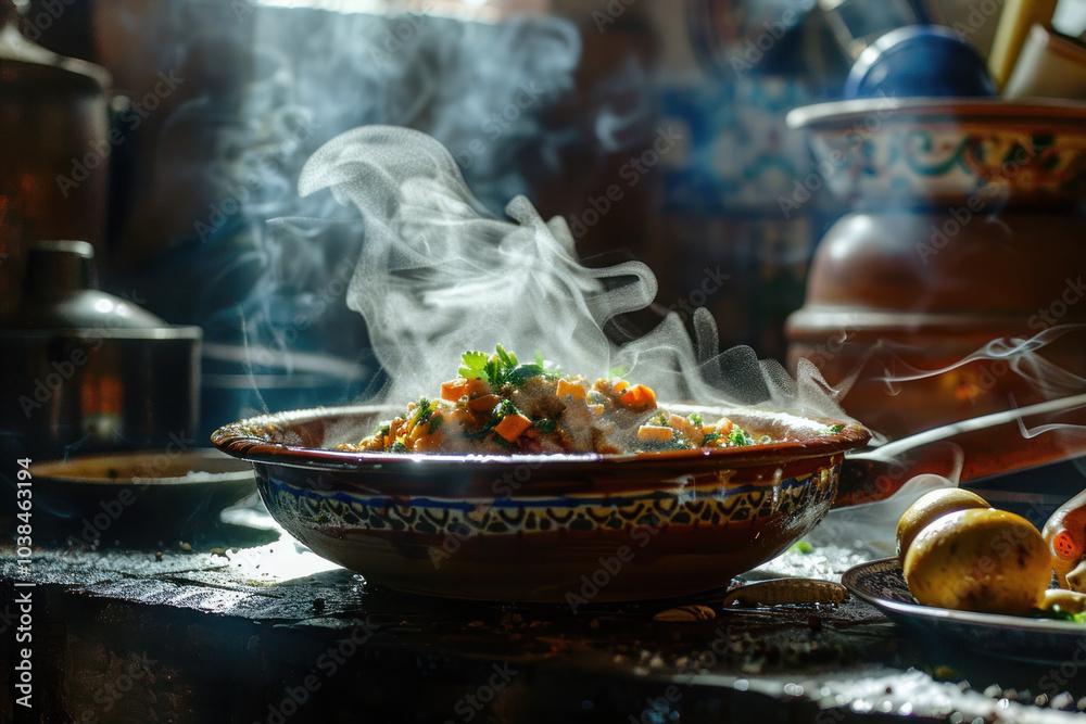 A rustic Moroccan setting with a steaming tagine pot in the foreground