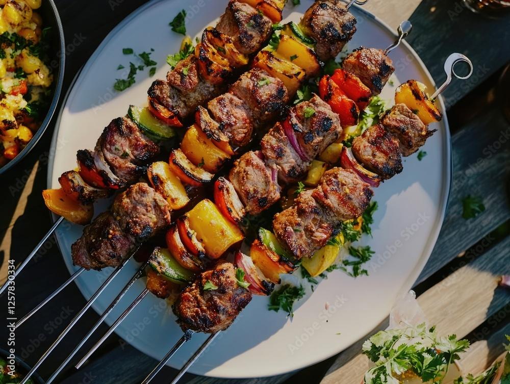 A vibrant, close-up image of the finished skewers, showcasing the roasted vegetables and kötbullar