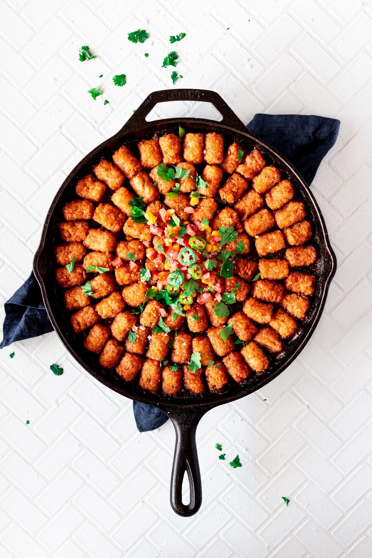 overhead shot of a freshly baked Tater Tot Hotdish