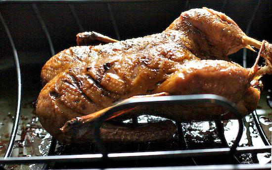 close-up shot of pomegranate glazed duck legs in a roasting pan