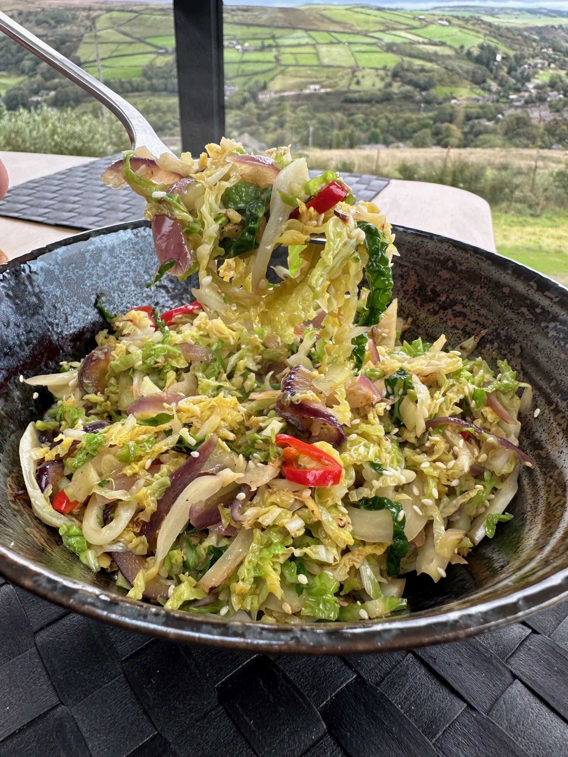 Savoy cabbage stir-fry served in bowls