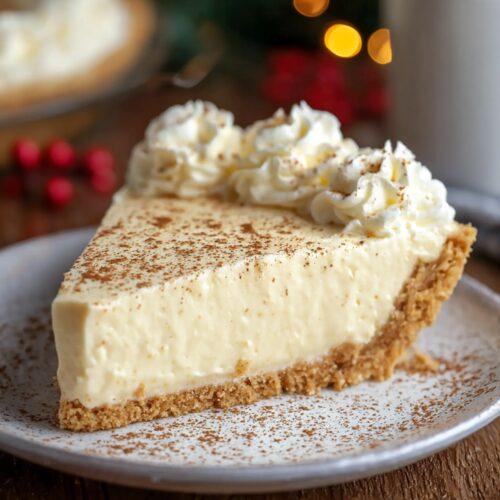 Close-up of a slice of eggnog pie with a perfect flaky crust and creamy filling, garnished with whipped cream and grated nutmeg