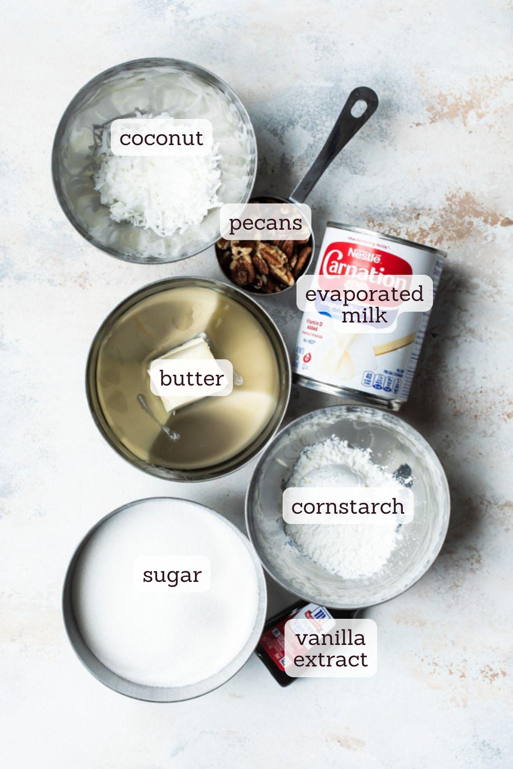 Overhead shot of ingredients for German Chocolate Cake