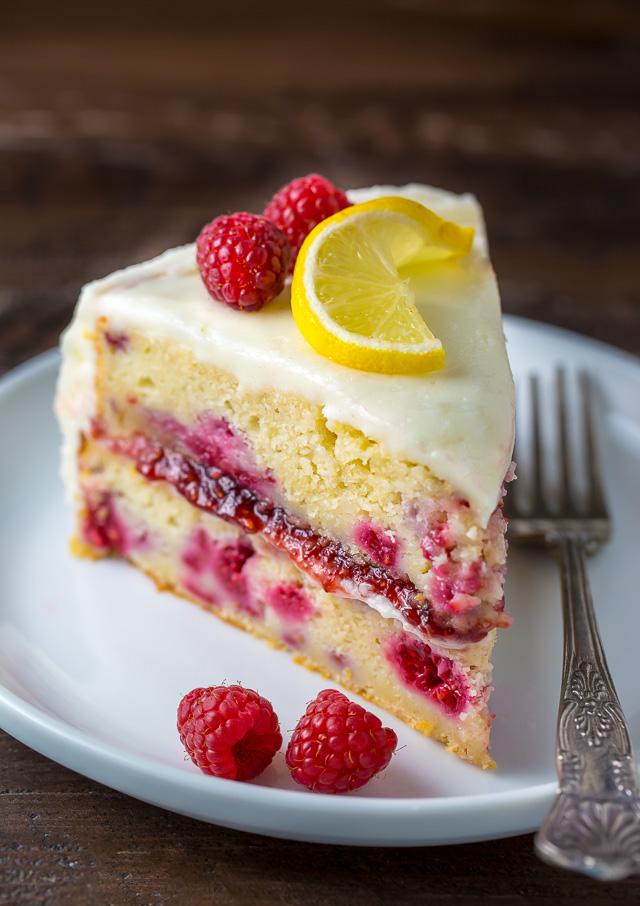a slice of raspberry cake