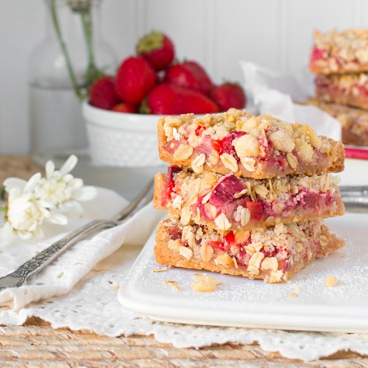 overhead shot of freshly baked rhubarb ginger crumble bars in a baking pan
