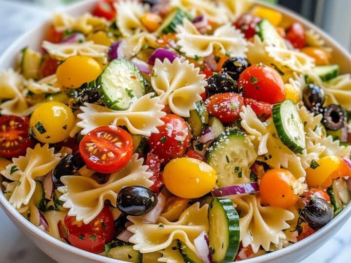 California pasta salad being served at an outdoor picnic table