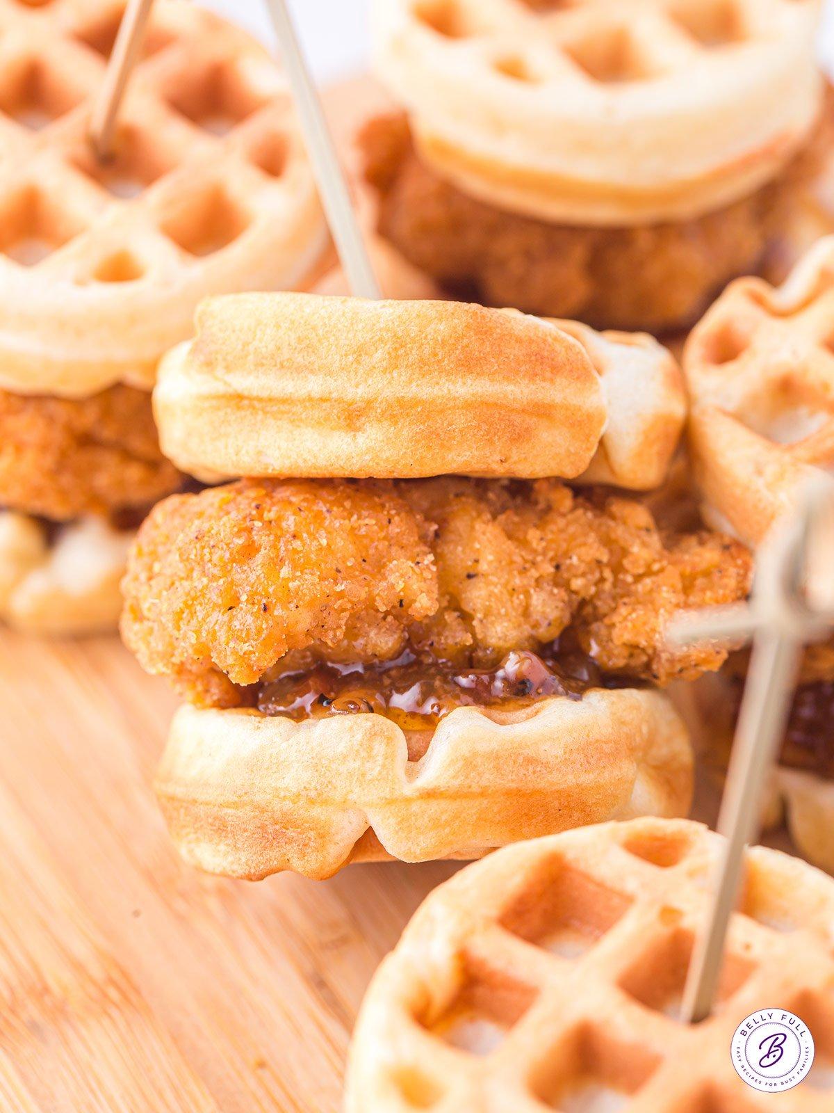 Close up of a single Chicken and Waffle Slider