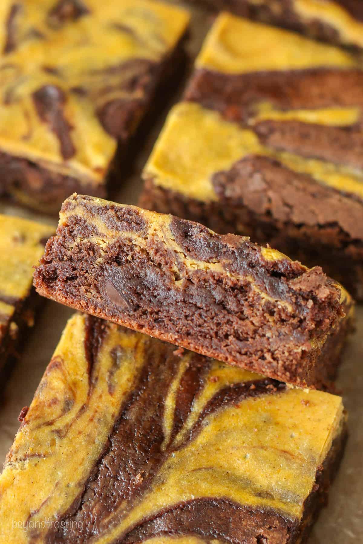 Close-up of a single pumpkin spice brownie with a cream cheese swirl, warm and gooey