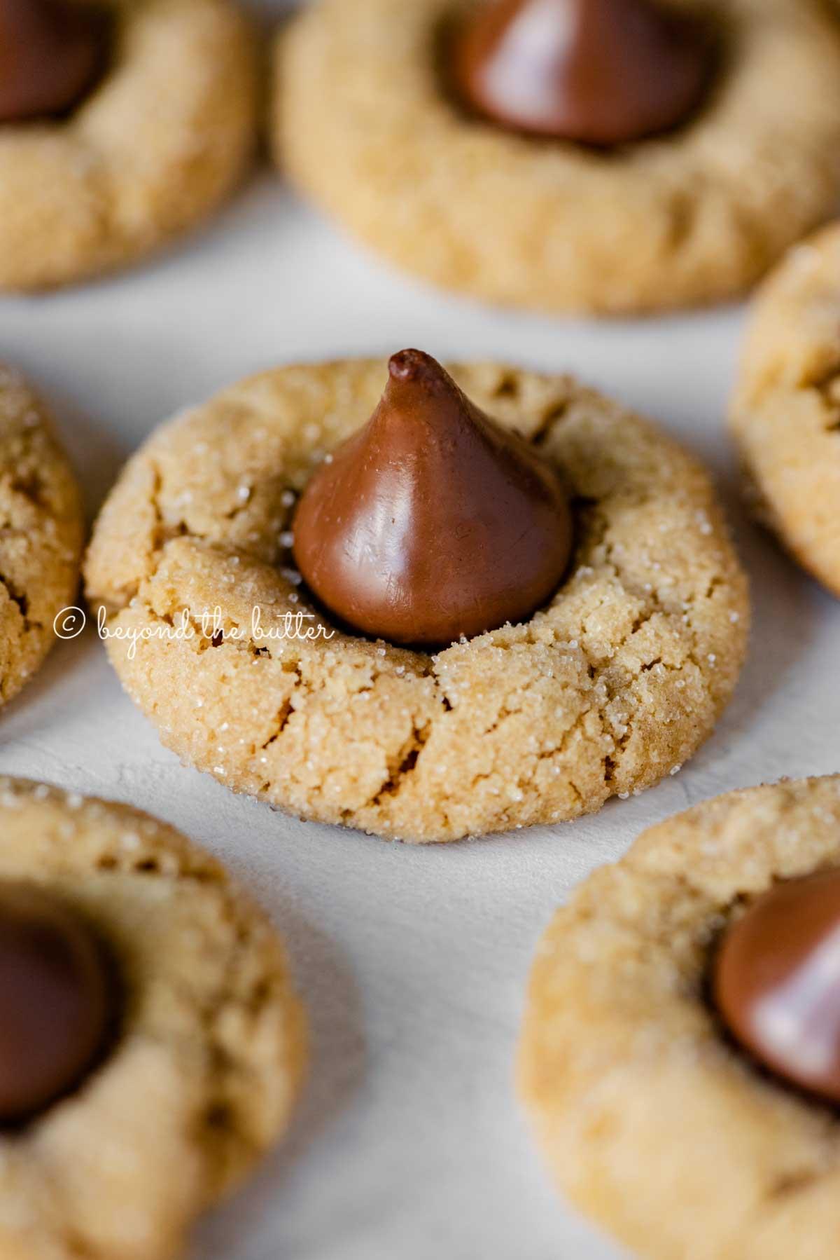 Close up shot of peanut butter blossoms cookies on a baking sheet