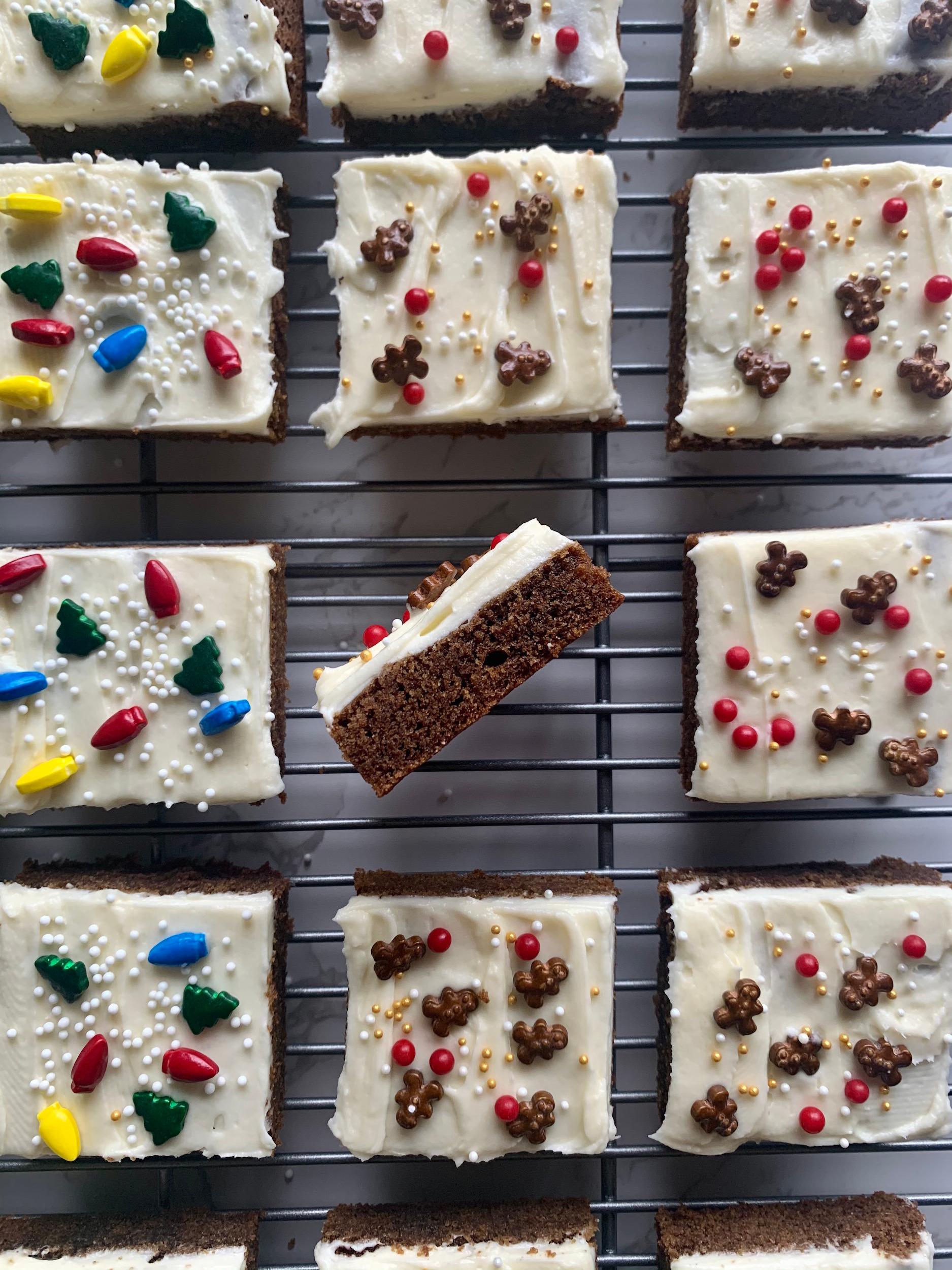 delicious gingerbread bars on a cooling rack