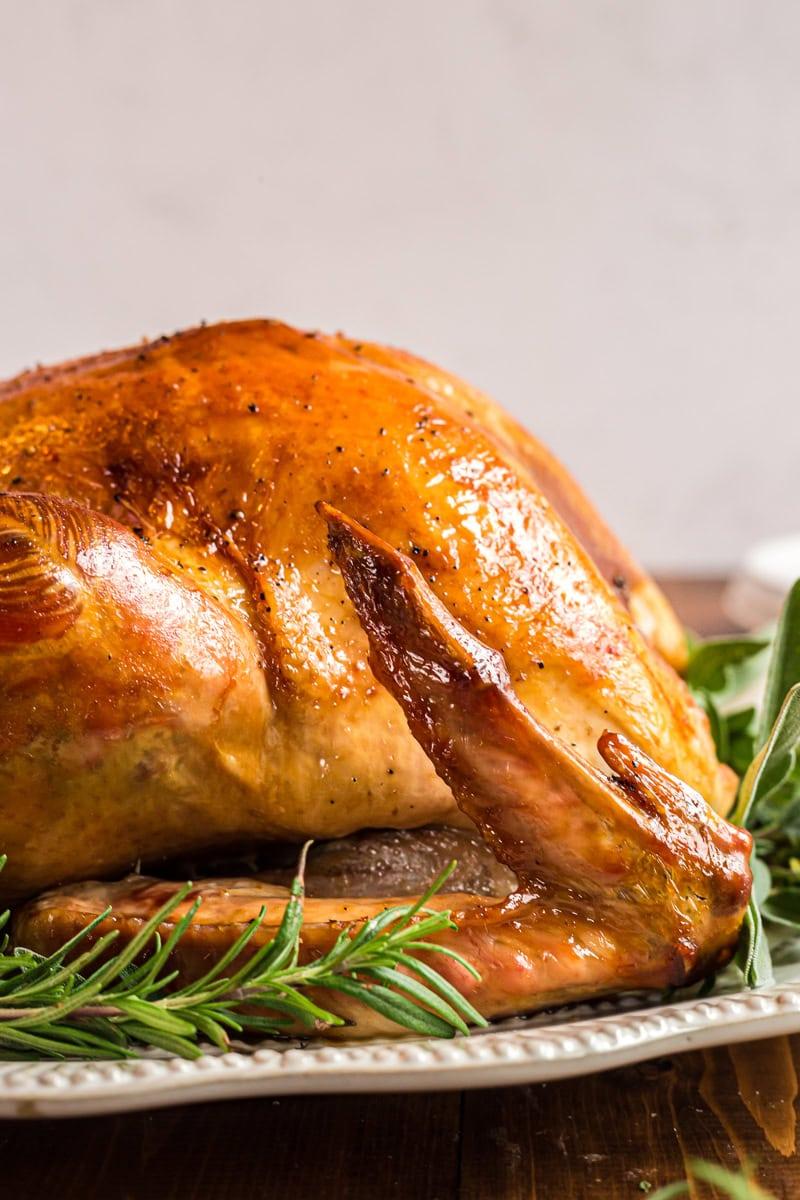Close-up of a golden-brown turkey with crispy skin