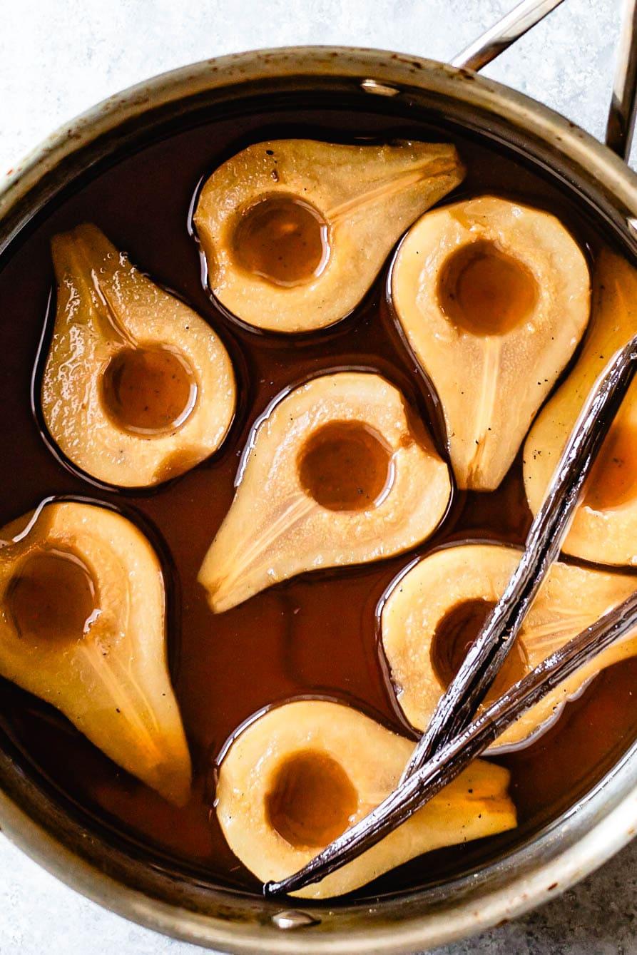 a saucepan filled with simmering pear ginger hot chocolate