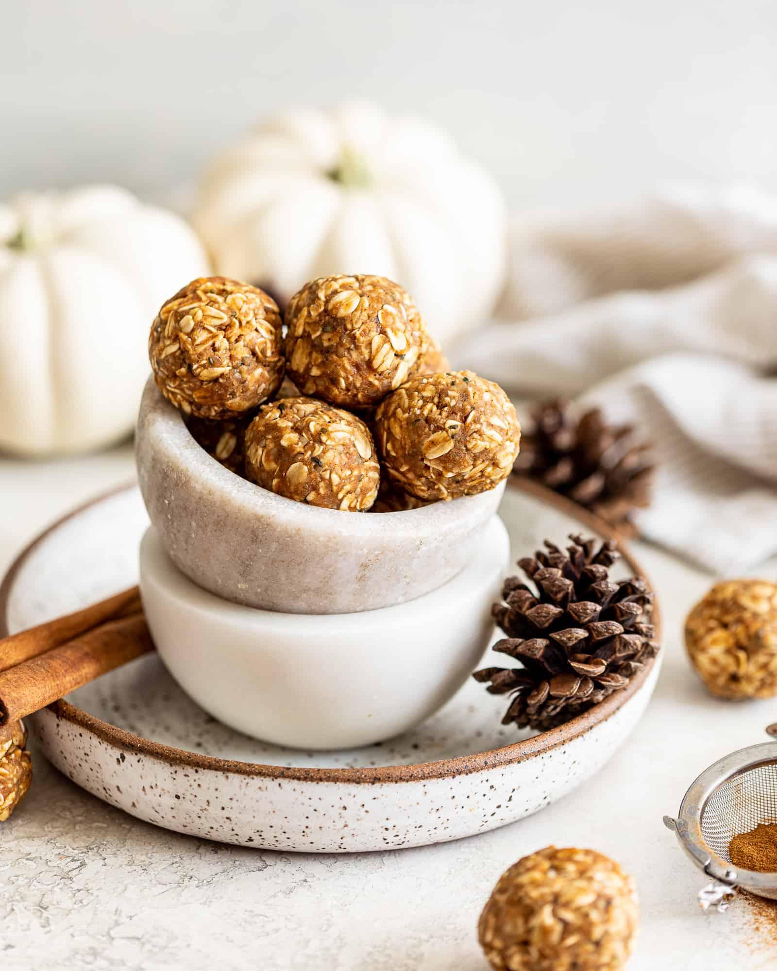 A bowl of ingredients for chai spice energy bites