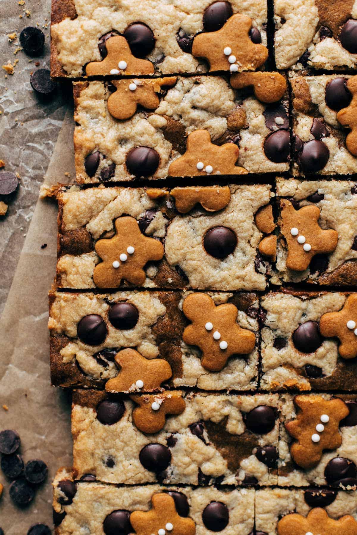 Close up shot of gingerbread bars with chocolate chips and pecans