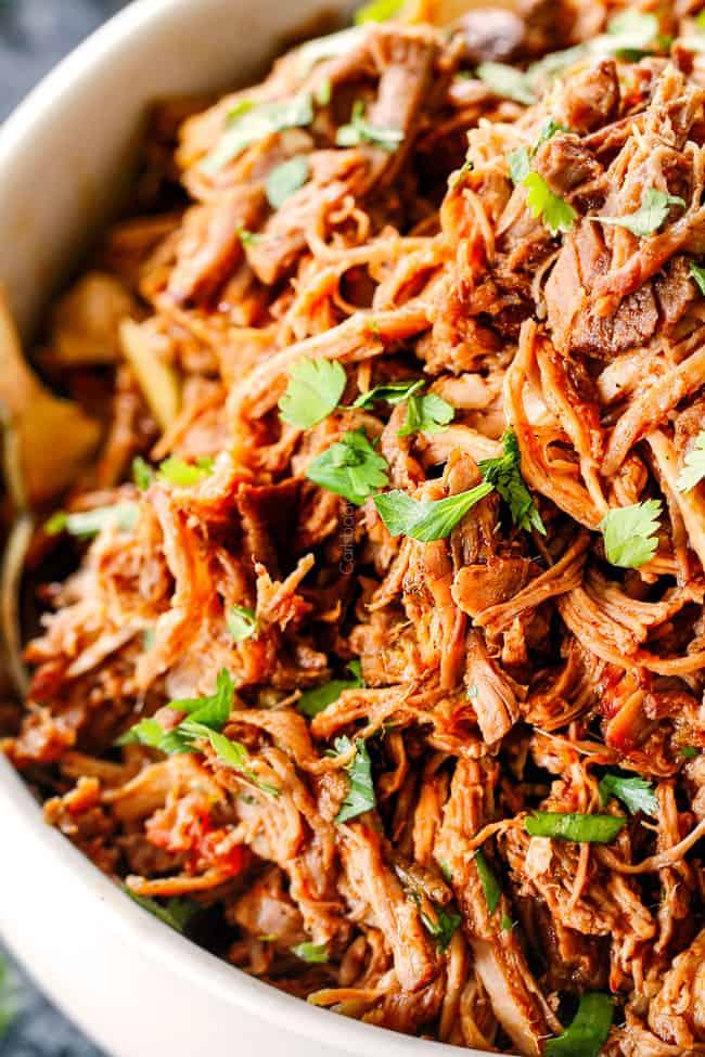 Close-up of slow cooker pulled pork salad with chipotle ranch dressing