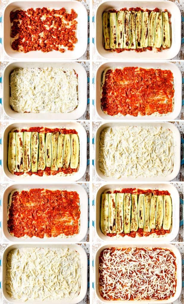 Close up shot of a slice of zucchini lasagna, showcasing the layers and creamy filling