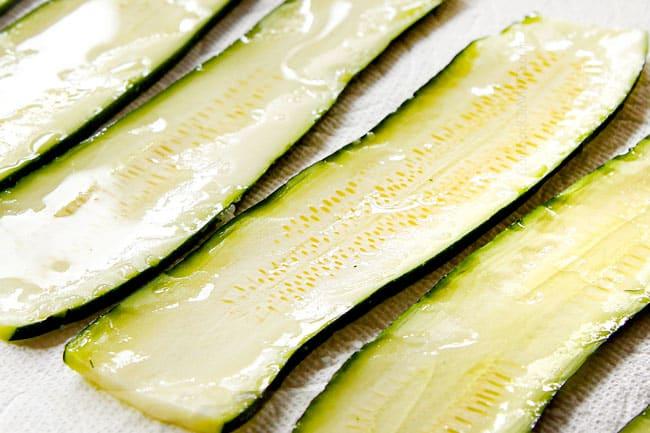 Close-up shot of a single serving of zucchini lasagna, highlighting the layers and texture.