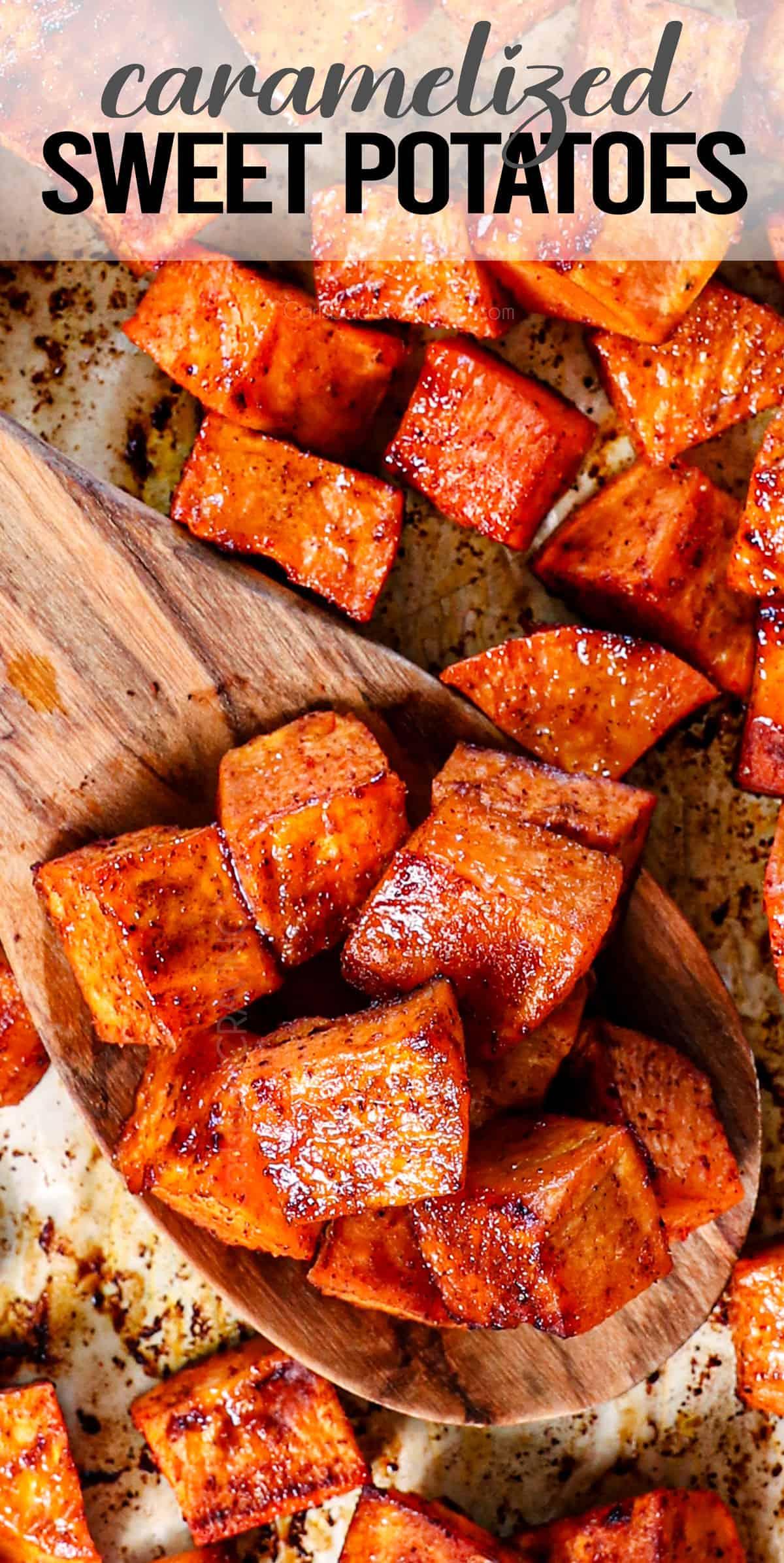 Close up of roasted sweet potato cubes, showing caramelization