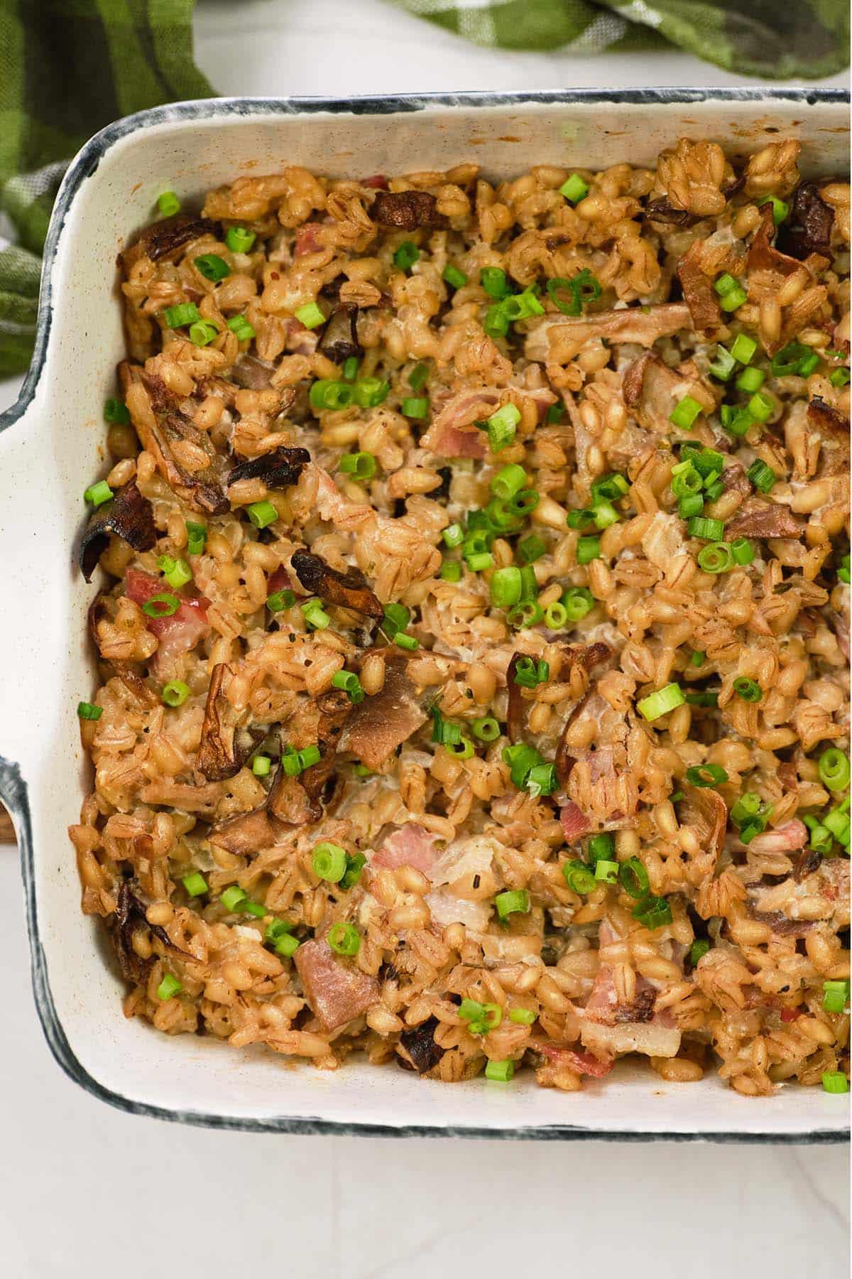 Close up shot of a golden brown mushroom and barley casserole bubbling in a baking dish.