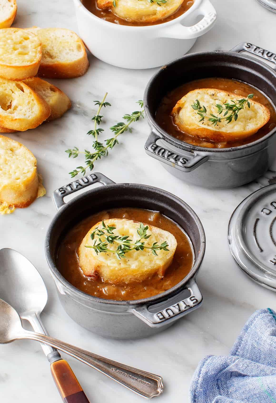 Finished bowls of French onion soup, ready to be served