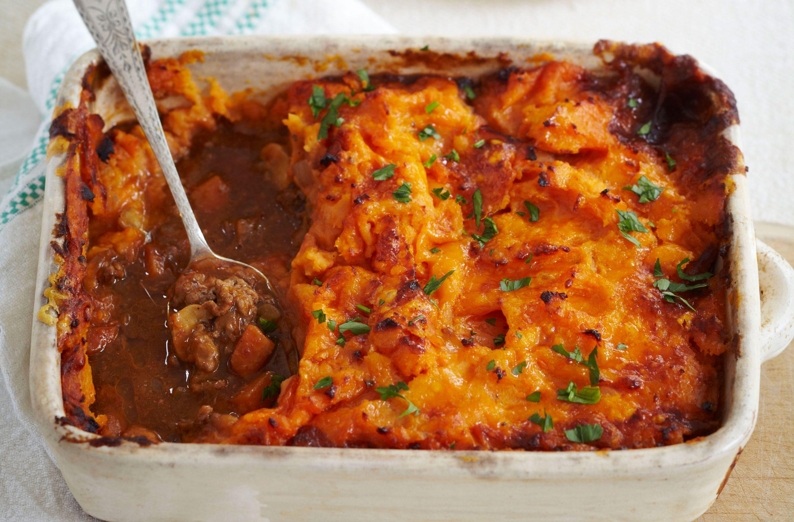 A rustic, home-style Easter Lamb Shepherd's Pie with a golden sweet potato topping