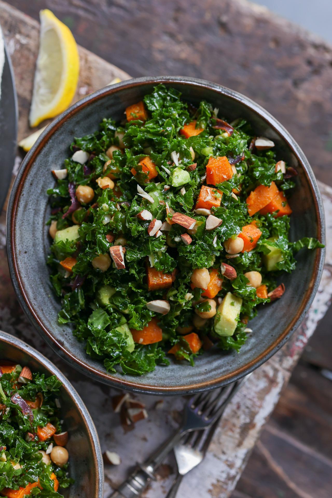 vibrant roasted sweet potato and kale salad with balsamic glaze