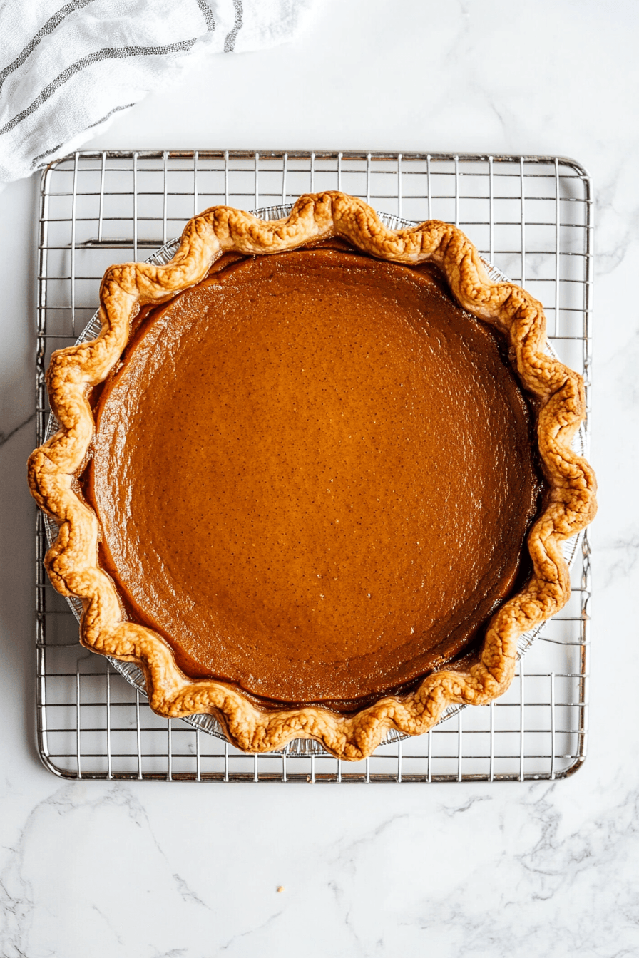 A whole pumpkin pie cooling on a wire rack