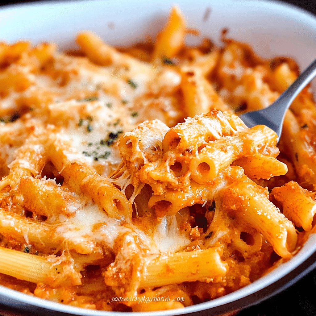 A golden brown, bubbly five cheese ziti bake in a 9x13 inch baking dish