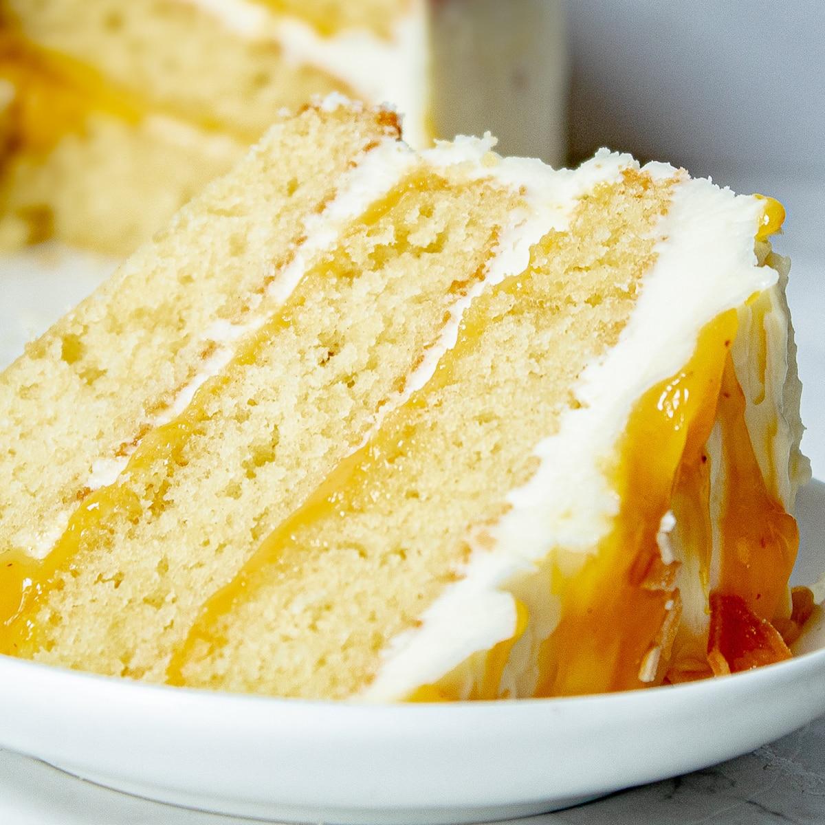 Close up shot of the passion fruit curd on top of the cake