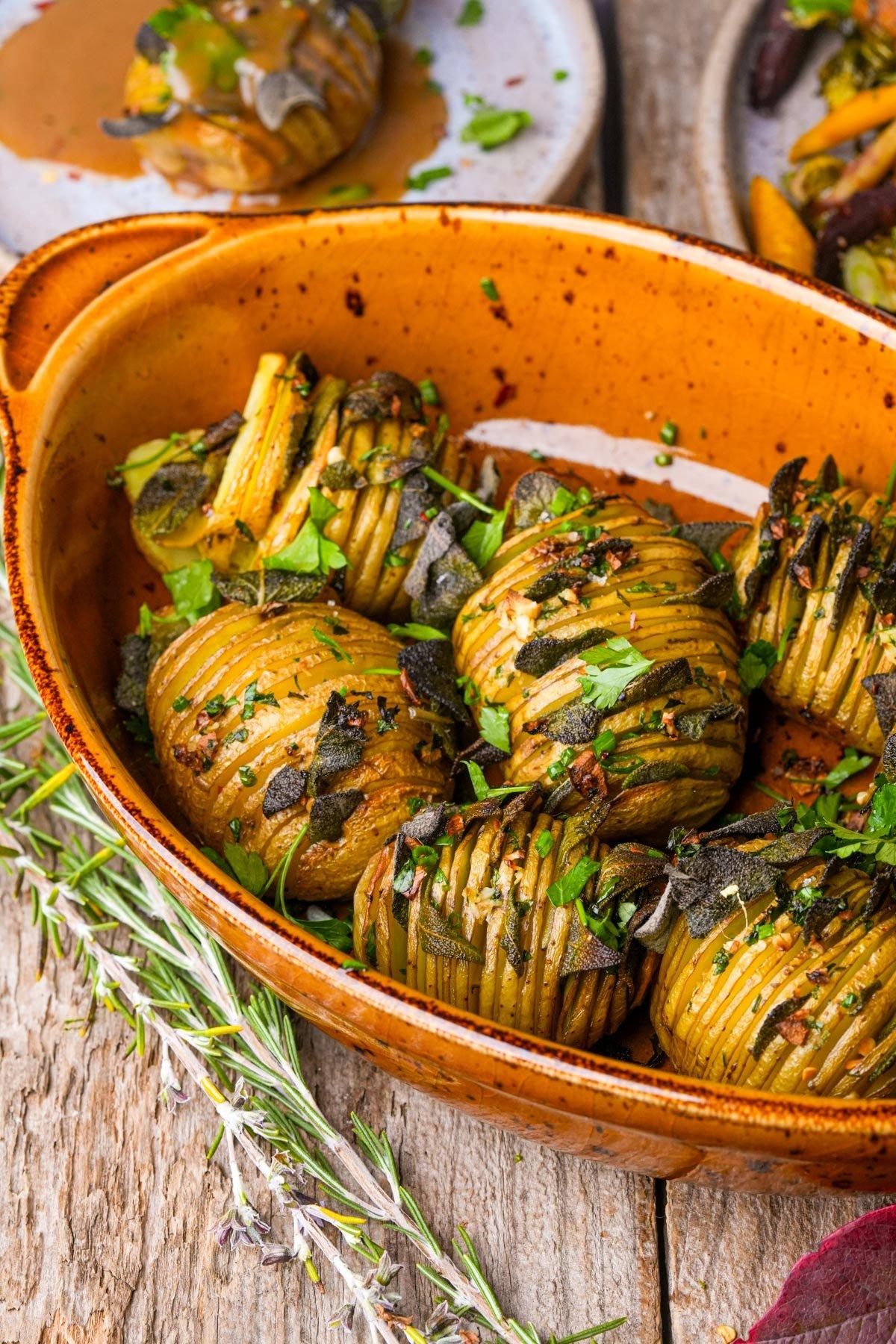 A wide shot of the dish served on a plate, garnished with fresh herbs (optional)