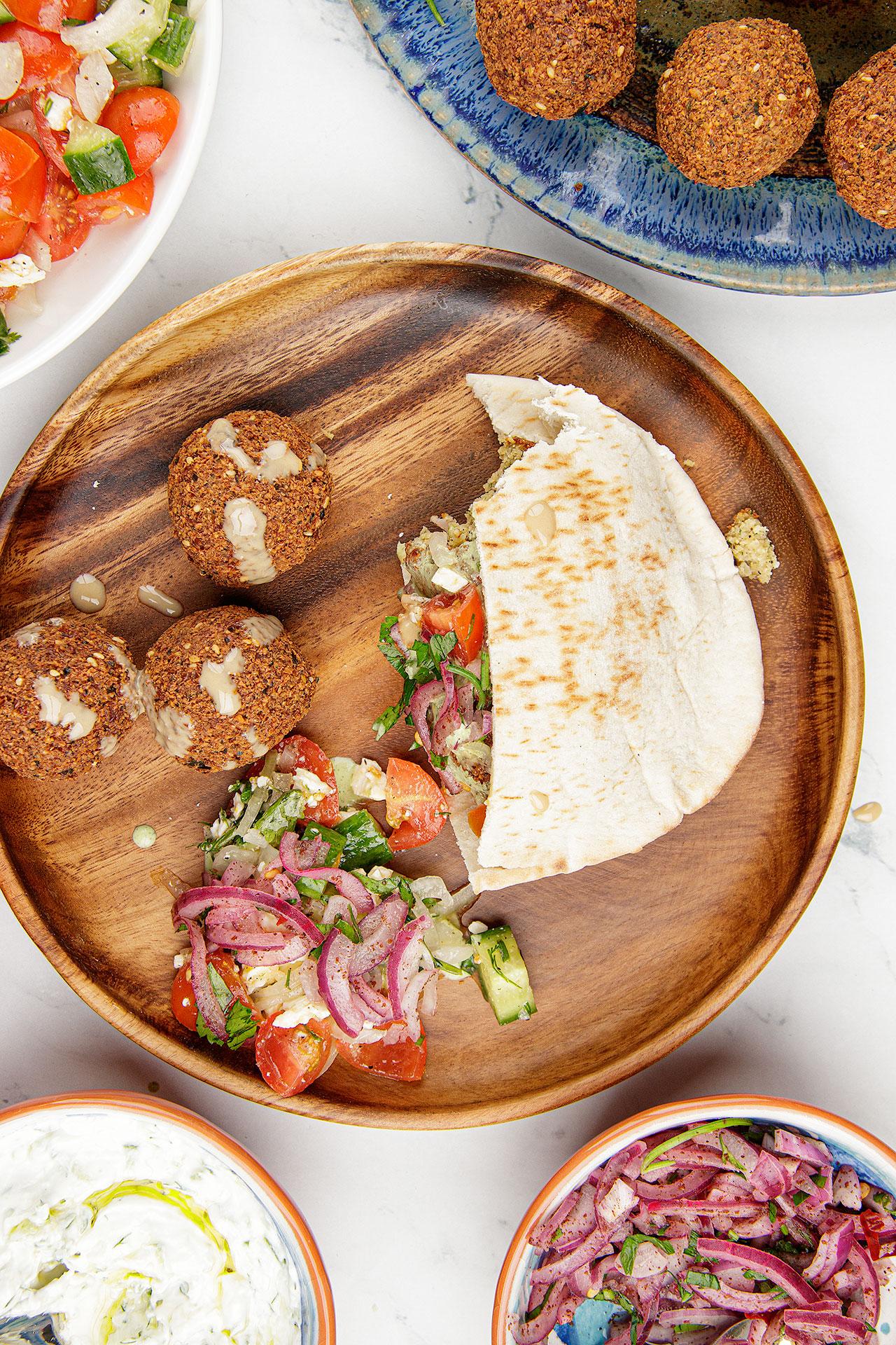 Marjoram Falafel served in a pita bread with various toppings