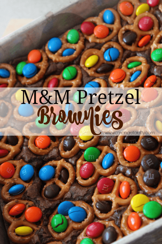 Ingredients for Pretzel M&M Brownies laid out on a kitchen counter