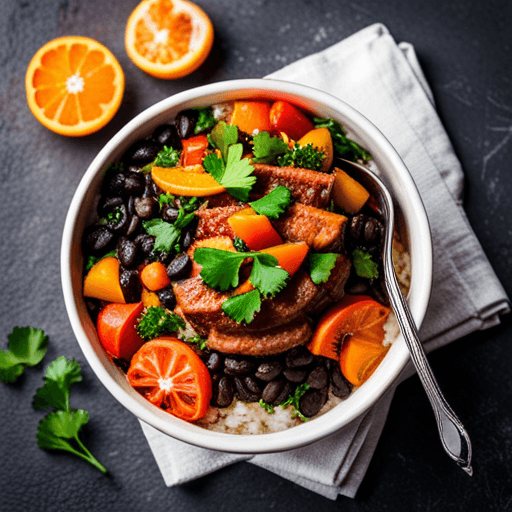 A vibrant and flavorful Fusion Feijoada served in a rustic bowl, garnished with orange slices and fresh herbs