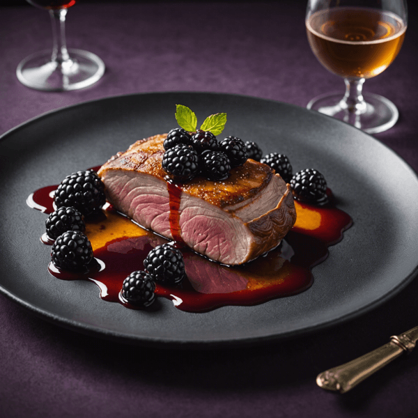 Close-up shot of a vibrant paella with seared duck breasts and a rich blackberry reduction, garnished with fresh herbs